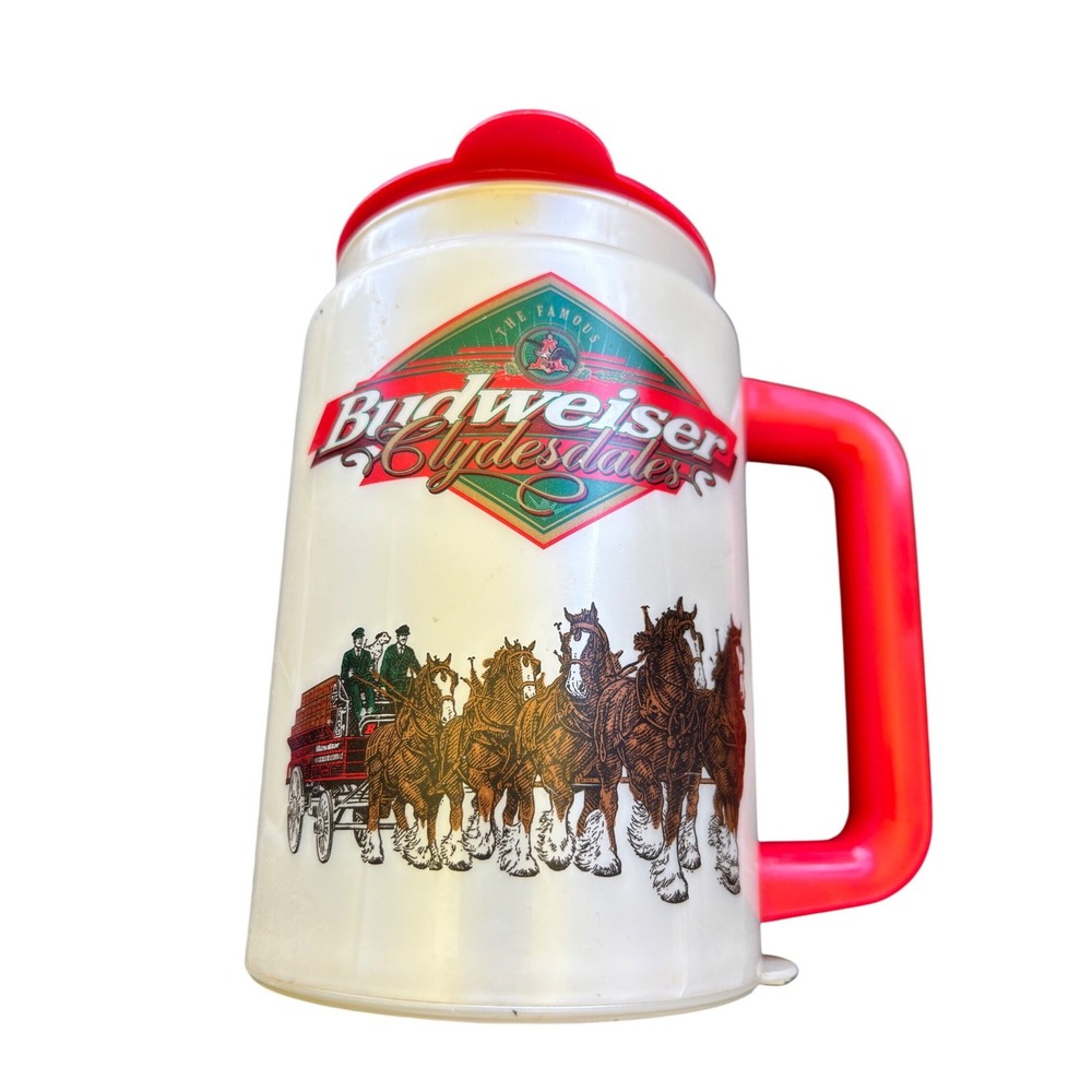 Vintage Budweiser Clydesdales Plastic Thermal Mug with Red Lid Whirley USA